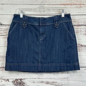 Women's Y2K Elle Denim Mini Jean Skirt Dark Wash Low Rise Cotton Stretch Size 6